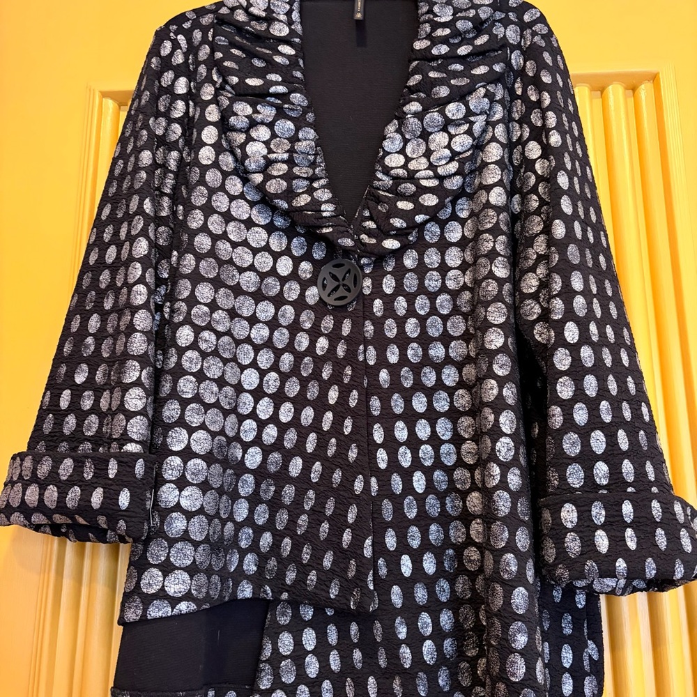 Asymmetrical Flattering One Button Black and Silver Polka Dot Blazer